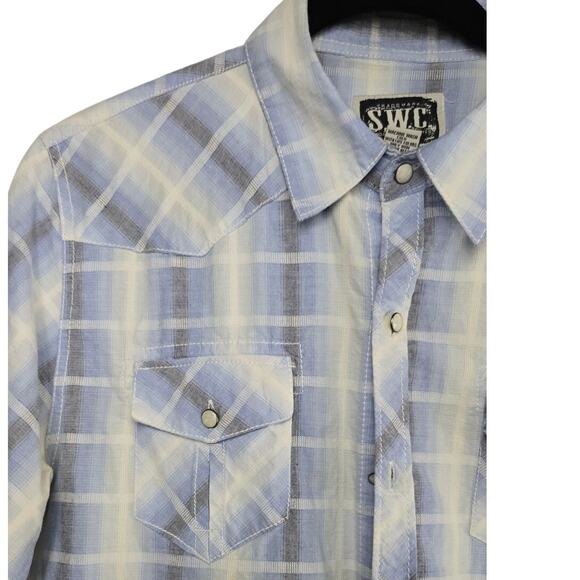 SWC Sunday Work Clothes Blue Plaid Short Sleeve Button-Up Shirt Size Large - Picture 3 of 5